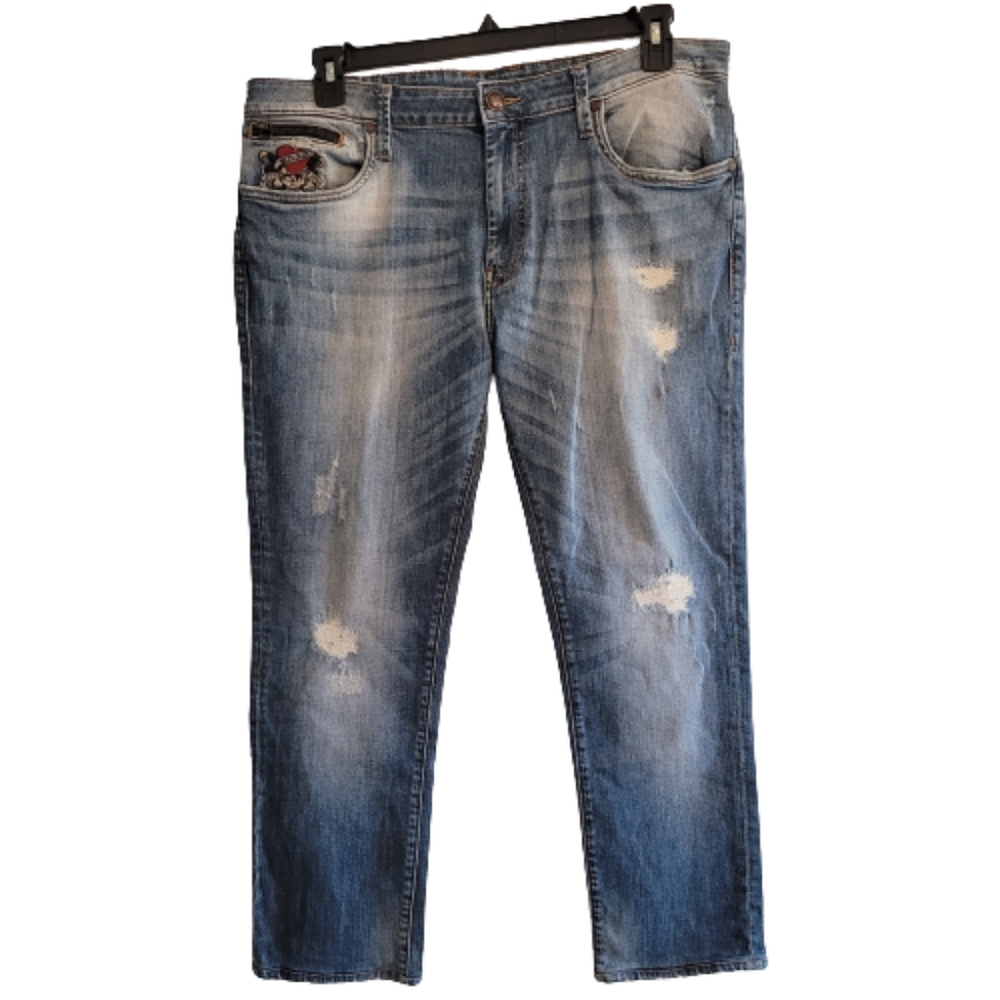 Ed Hardy Dagger Slim Skull Embroidered Distressed Denim Jeans Love Kills Slowly